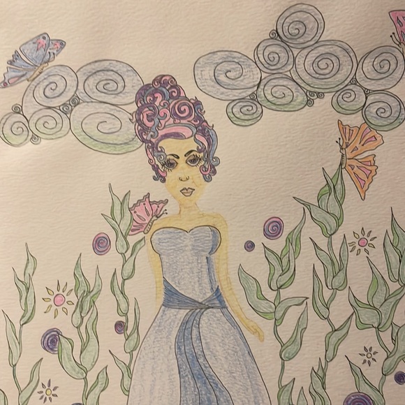 Unframed Original Art Watercolour & Pencil Crayon Whimsical Beauty in Garden - Picture 4 of 6